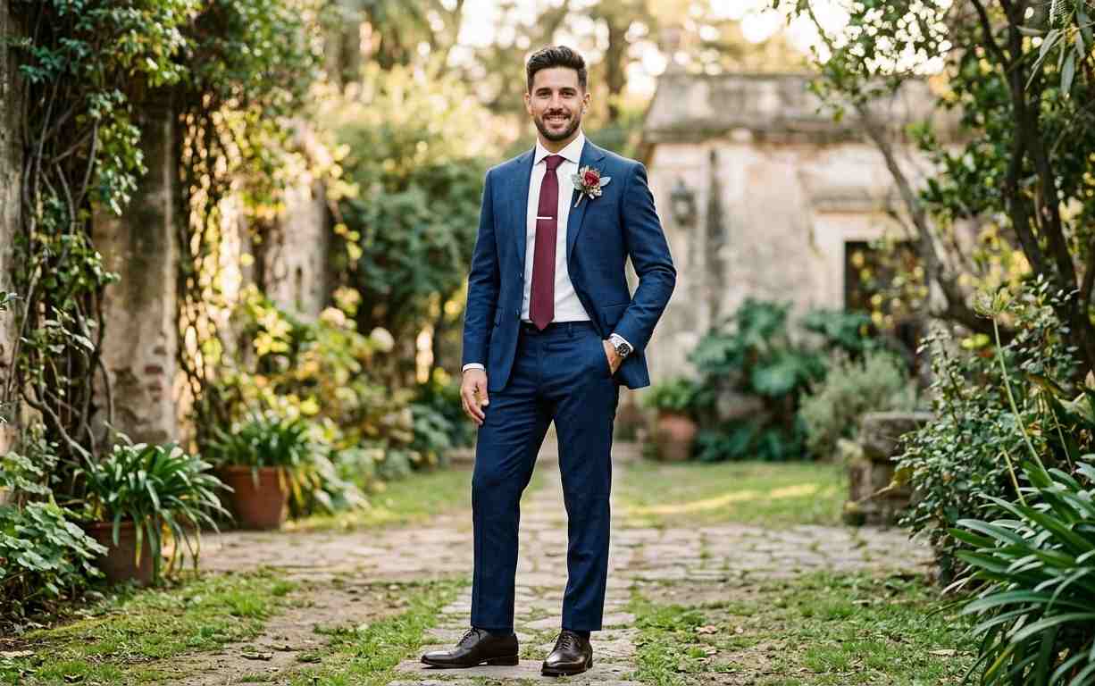 Novio argentino con traje azul marino a medida en casamiento 2026, sastrería de alta calidad, look elegante y moderno