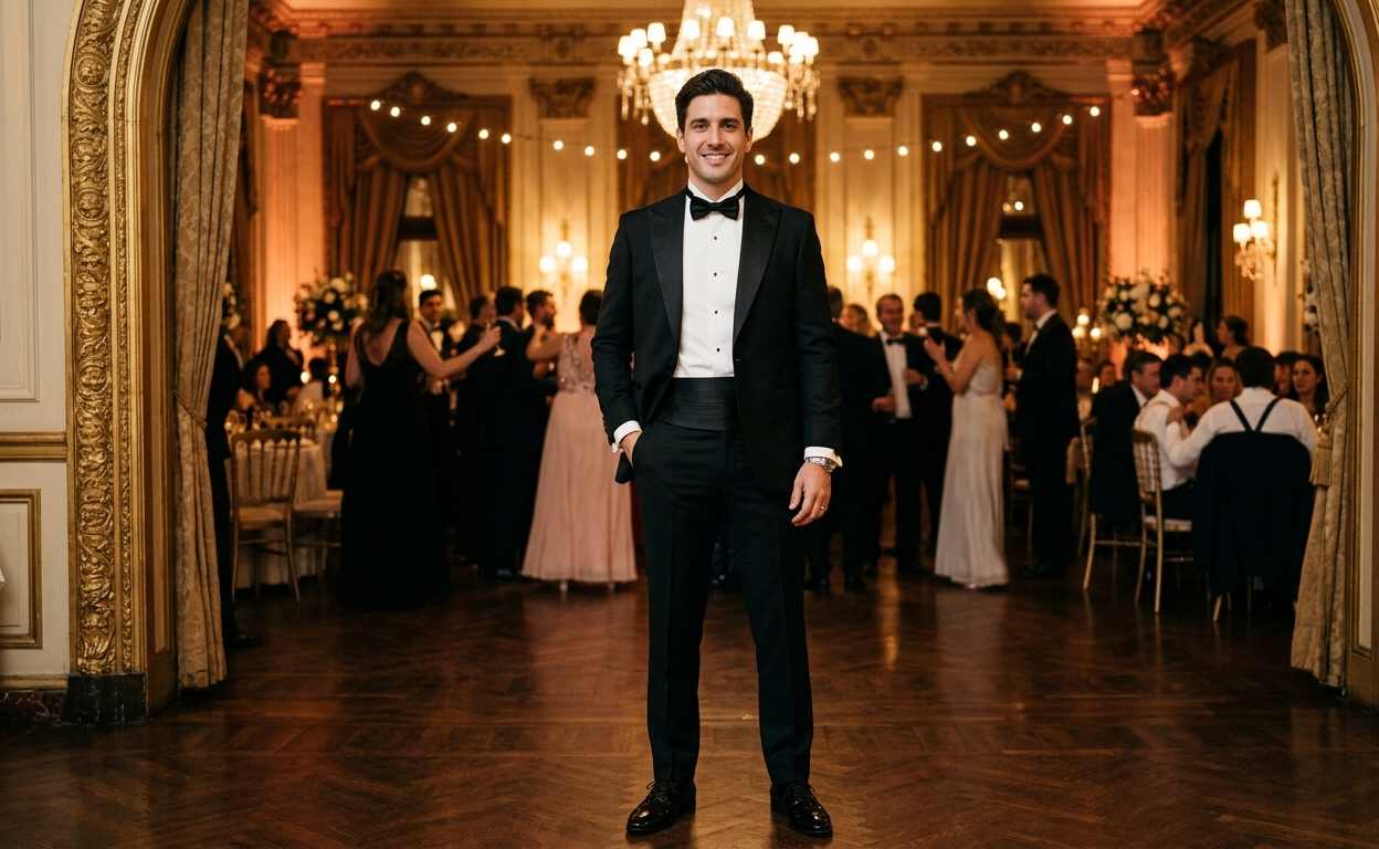 Novio con smoking negro y moño para casamiento de noche formal argentino 2026, look elegante de etiqueta