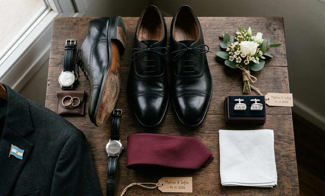 Detalle de complementos del traje de novio: gemelos personalizados, zapatos de cuero, corbata de seda y pañuelo de bolsillo para casamiento argentino 2026
