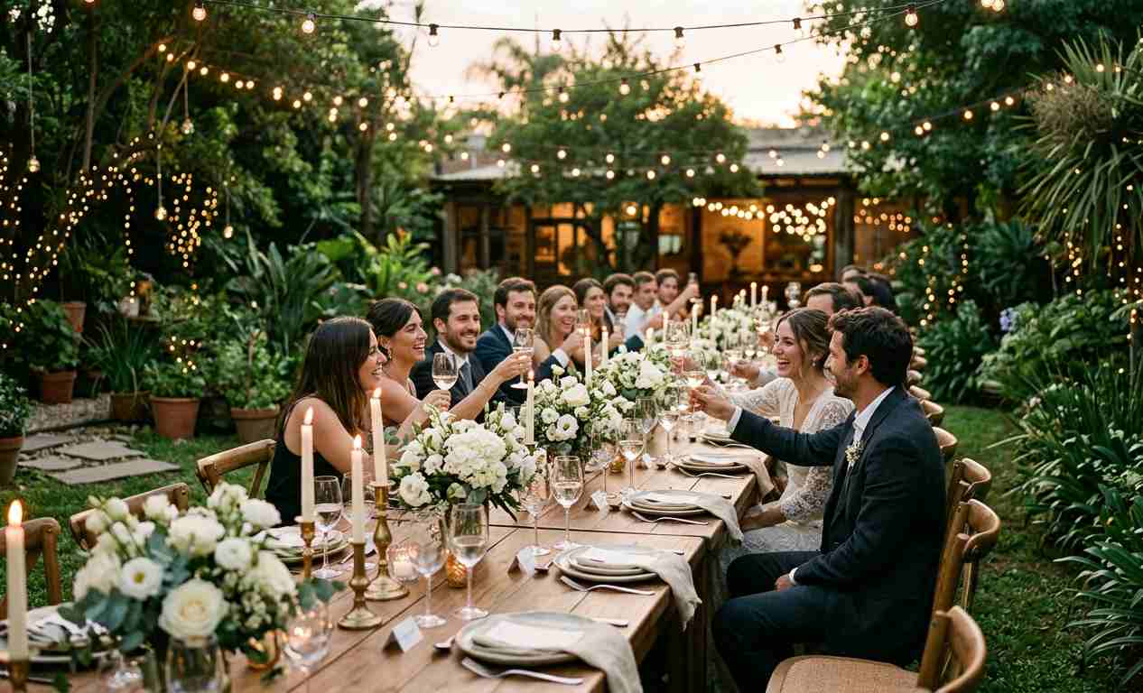 Restaurante con jardín preparado para casamiento íntimo en Buenos Aires, mesa larga con flores y velas, espacio íntimo y elegante para grupos chicos