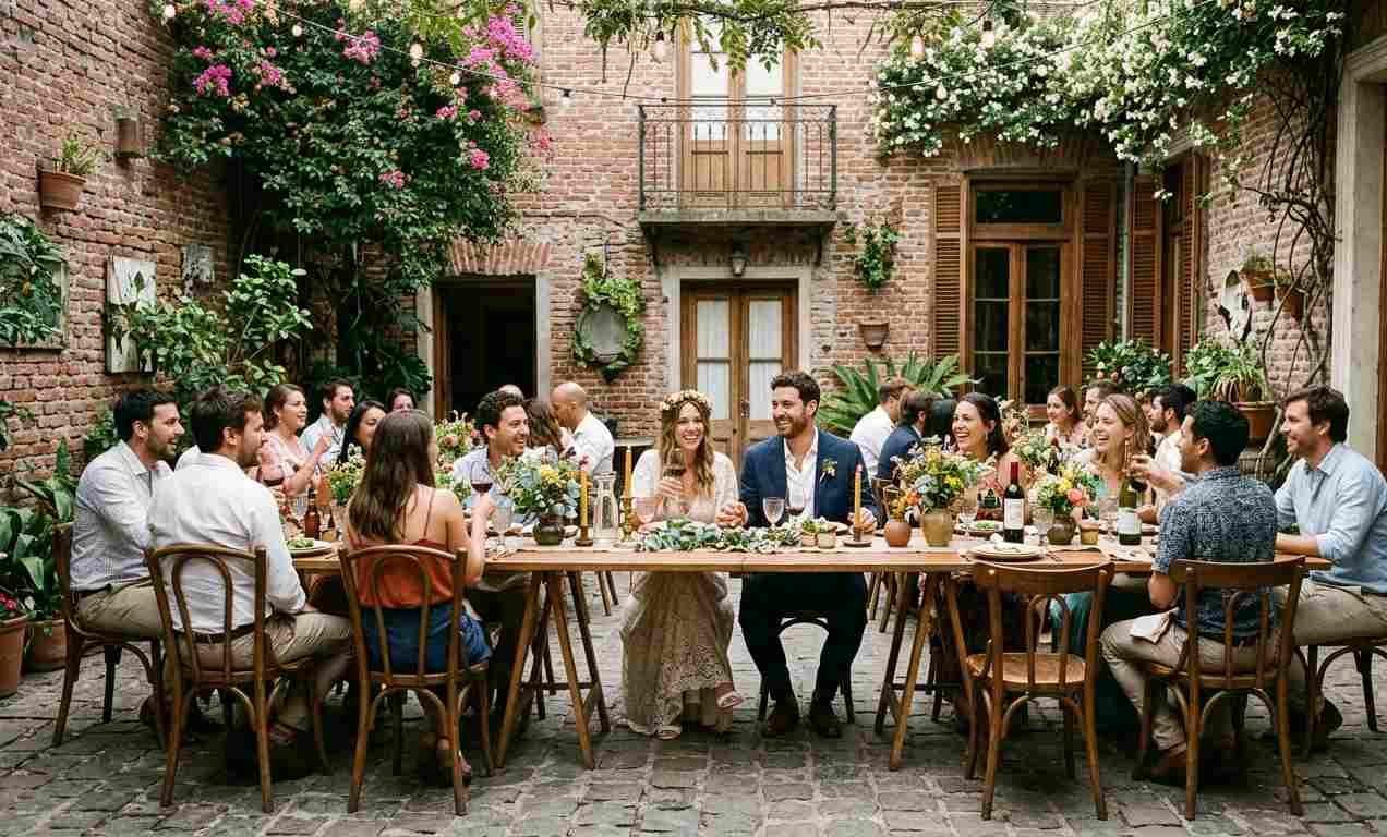 Casona histórica con patio interior preparada para micro-casamiento íntimo, mesa larga decorada con flores silvestres y velas, Buenos Aires