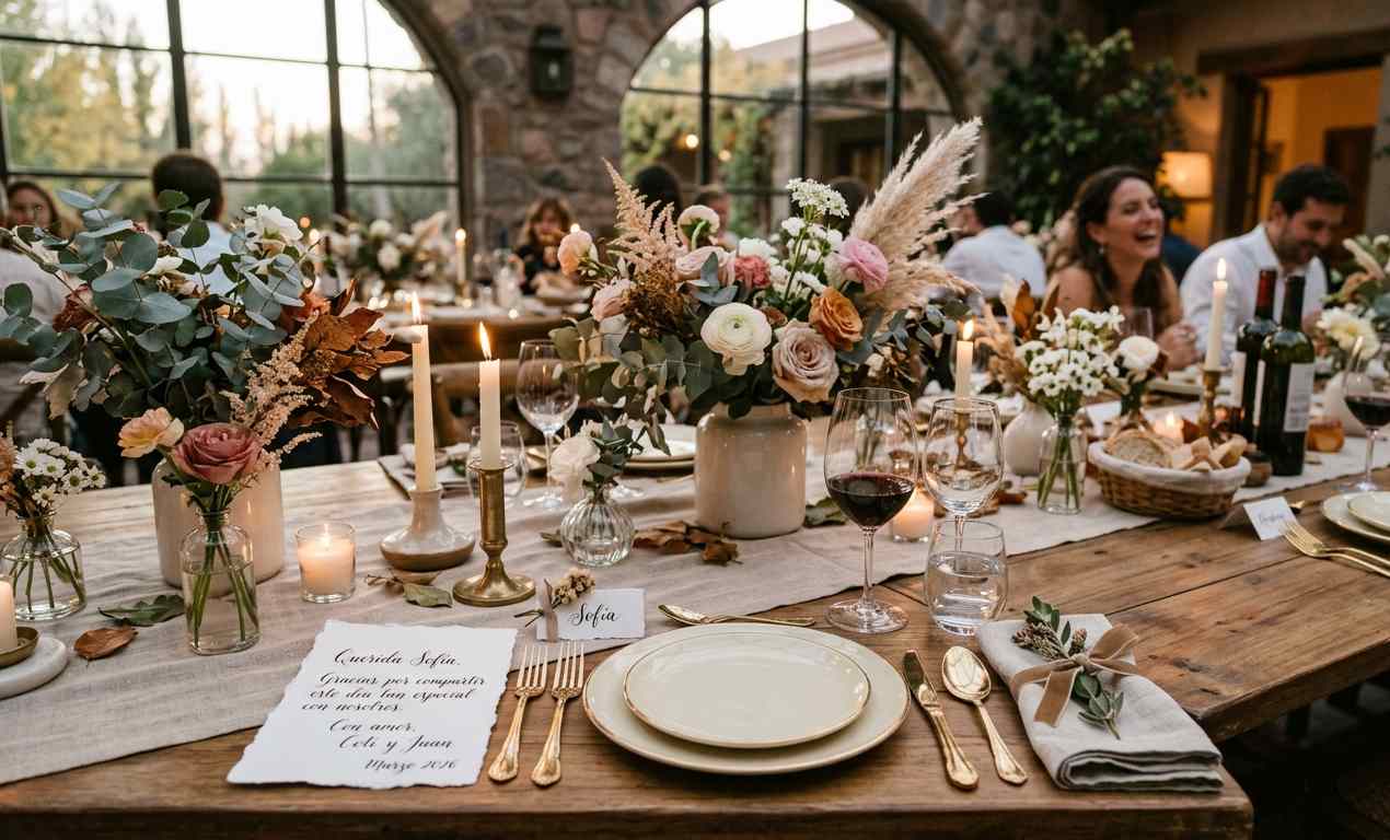 Mesa larga para casamiento íntimo con decoración detallada, flores, velas artesanales y cartas personalizadas en cada lugar, estilo elegante y cálido