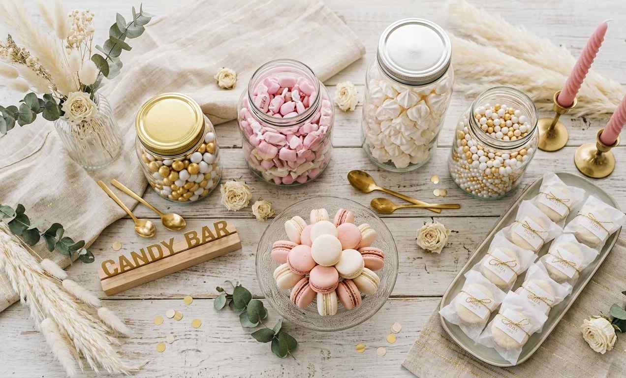 Candy bar para casamiento argentino 2026 con frascos de vidrio de distintos tamaños, grageas de colores, alfajorcitos y macarons, paleta blanca y dorada