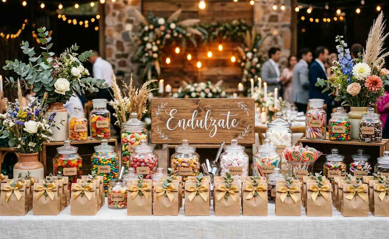 Mesa dulce candy bar completo para casamiento argentino 2026, cartel personalizado, bolsitas kraft, frascos de vidrio con dulces y flores frescas de decoración