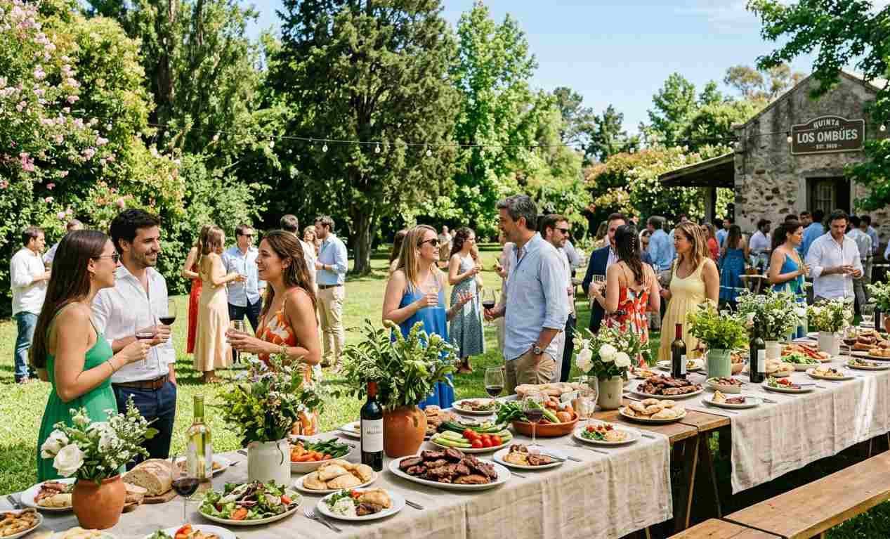 Casamiento de día al aire libre en quinta argentina con mesa de comida descontracturada, invitados disfrutando bajo el sol