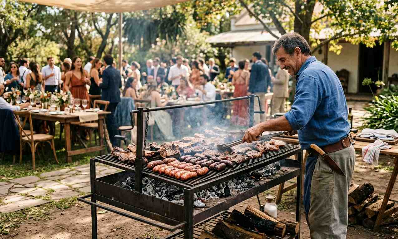 Asado de casamiento al aire libre en quinta argentina, parrilla humeante con carnes y guarniciones, estilo festivo y campestre