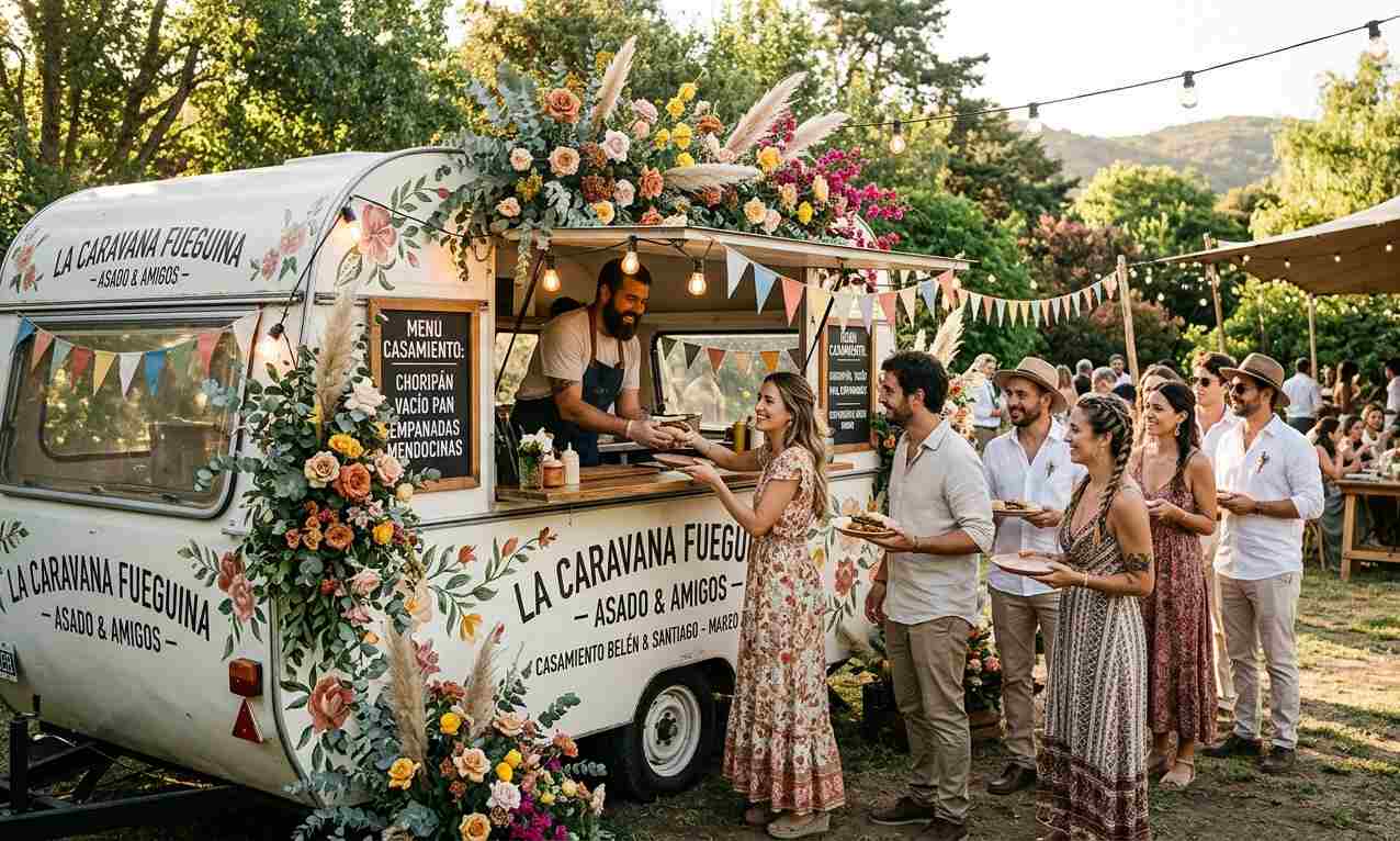 Food truck decorado para casamiento de día en quinta al aire libre, invitados eligiendo opciones, ambiente festivo y rústico