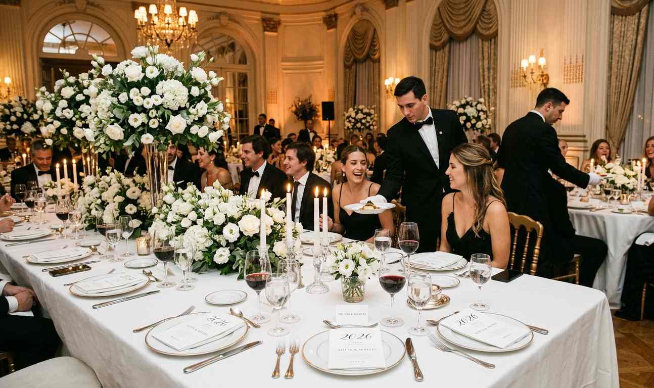 Cena formal de casamiento con mesas elegantemente servidas, vajilla fina y servicio de mozos en salón iluminado
