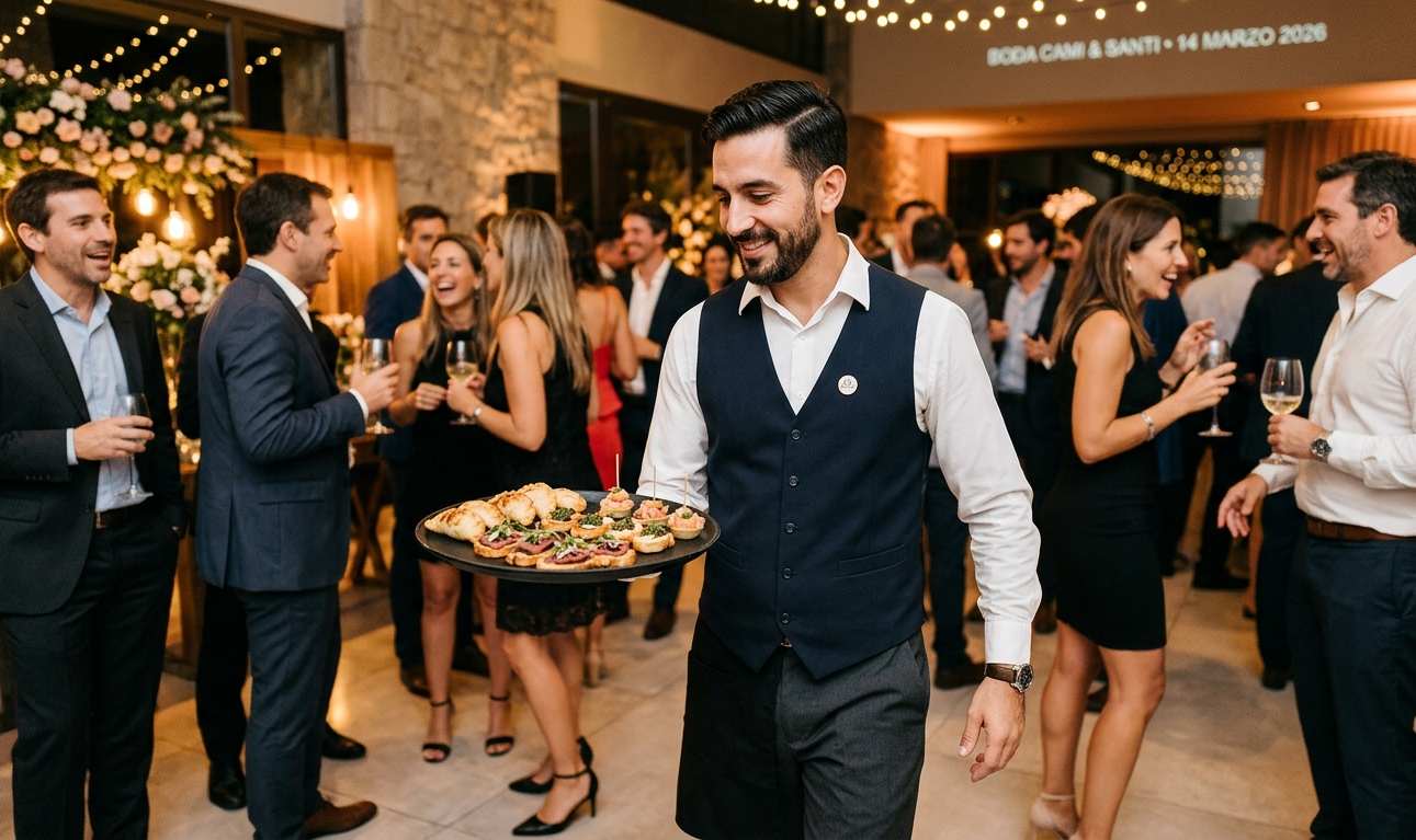 Servicio de finger food en casamiento, bandejas elegantes con bocados pequeños y presentación gourmet, invitados de pie socializando