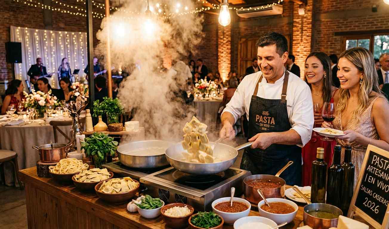 Estación de comida en vivo en casamiento, cocinero preparando pastas delante de los invitados, ambiente festivo y elegante