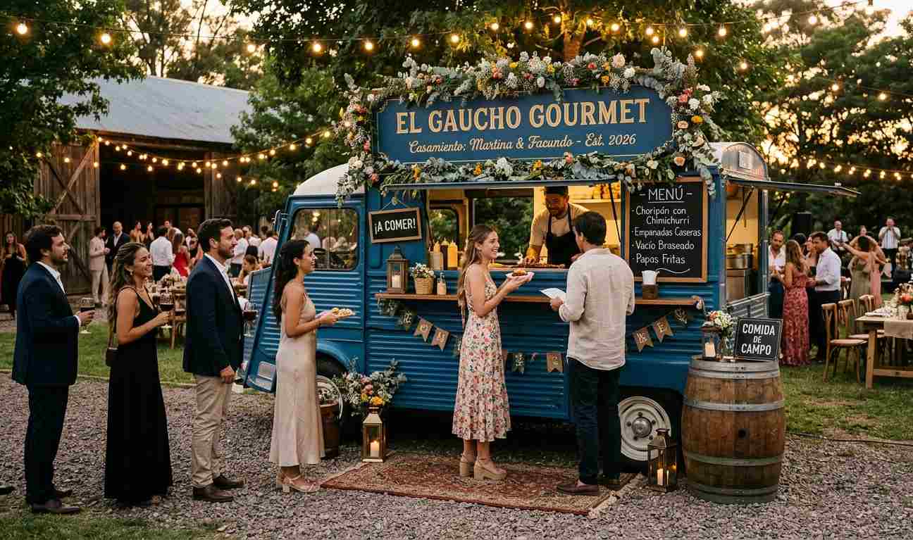 Food truck elegante en casamiento al aire libre o en quinta, invitados eligiendo opciones, ambiente festivo y rústico
