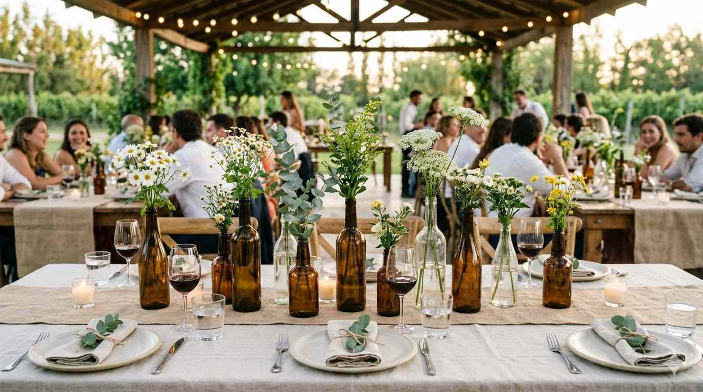 Centro de mesa con botellas de vidrio recicladas y flores silvestres para casamiento, estilo rústico y natural