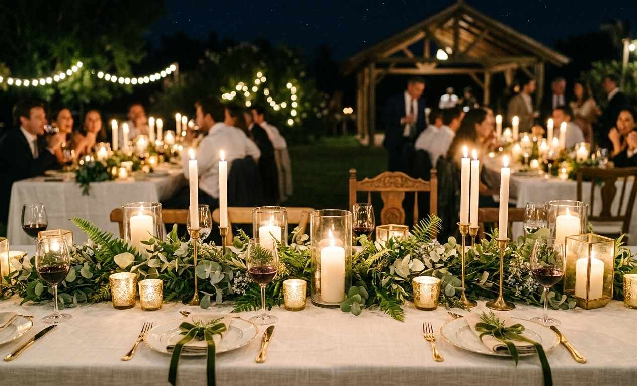 Centro de mesa con velas y vegetación verde para casamiento nocturno, estilo romántico y elegante