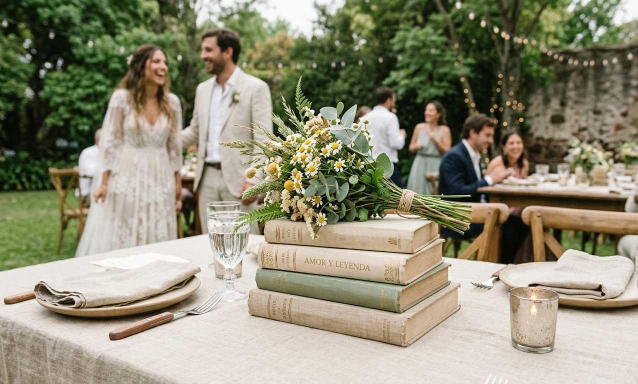 Centro de mesa con libros apilados y flores encima para casamiento, estilo literario y original
