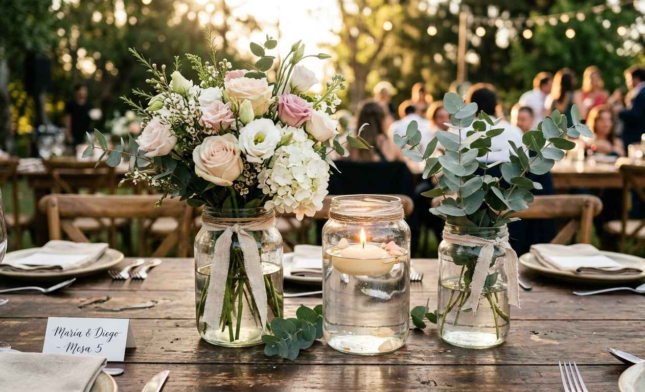 Centro de mesa con frascos de vidrio y flores frescas para casamiento, estilo rústico y romántico