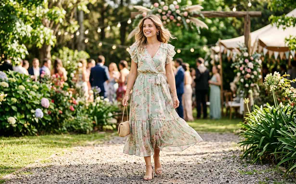 Invitada a casamiento de día con vestido midi floral en tonos pasteles, estilo elegante y fresco