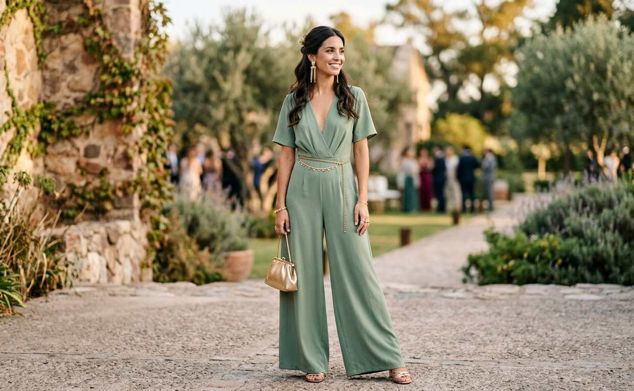 Invitada a casamiento con jumpsuit elegante en tela fluida verde, accesorios dorados y sandalias de taco