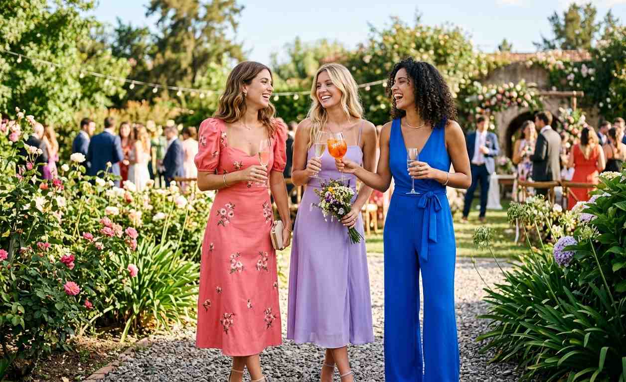 Grupo de invitadas a casamiento de día con outfits en colores pasteles y vibrantes, estilo elegante y fresco