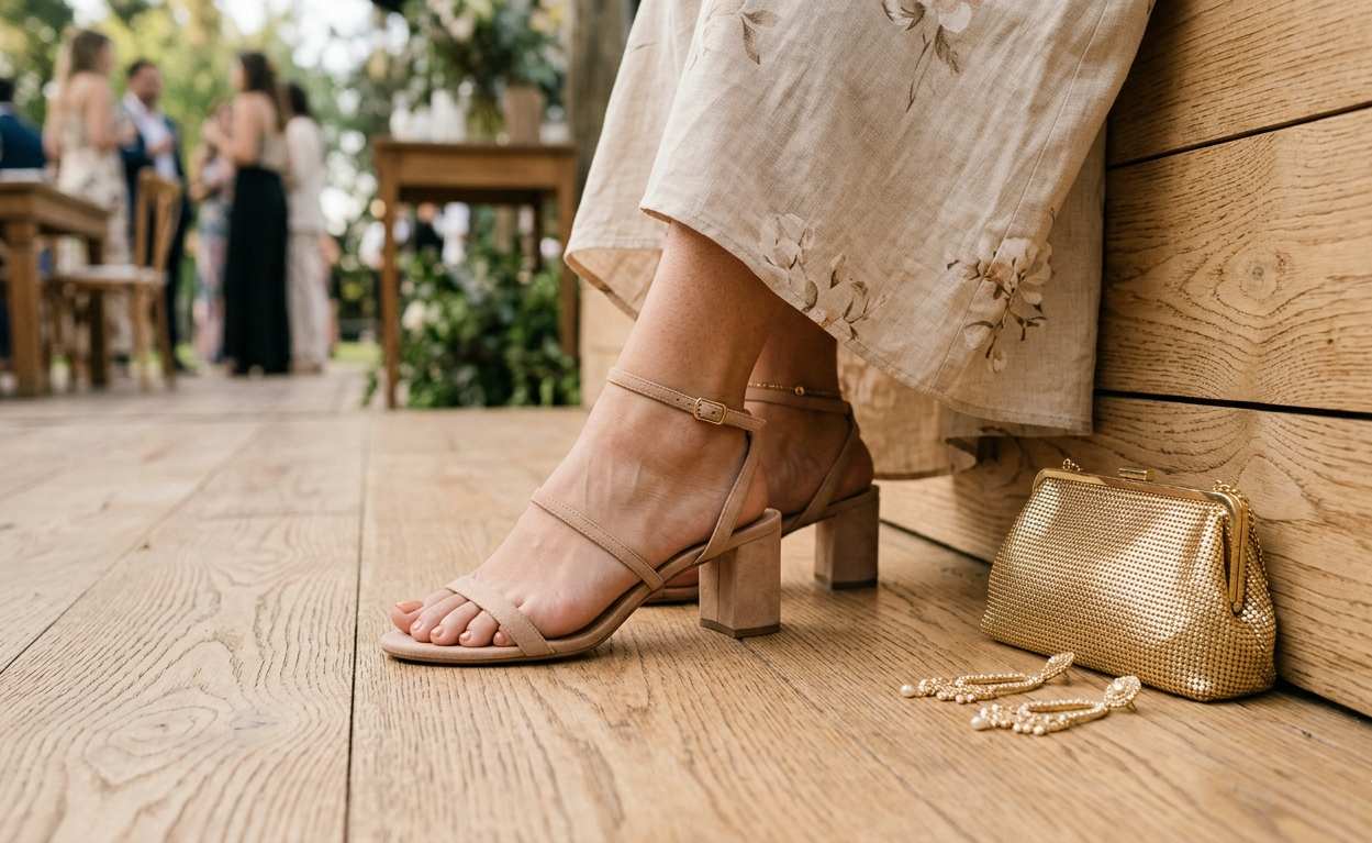 Detalle de calzado y accesorios elegantes para casamiento de día: sandalia de taco medio, clutch y aros dorados