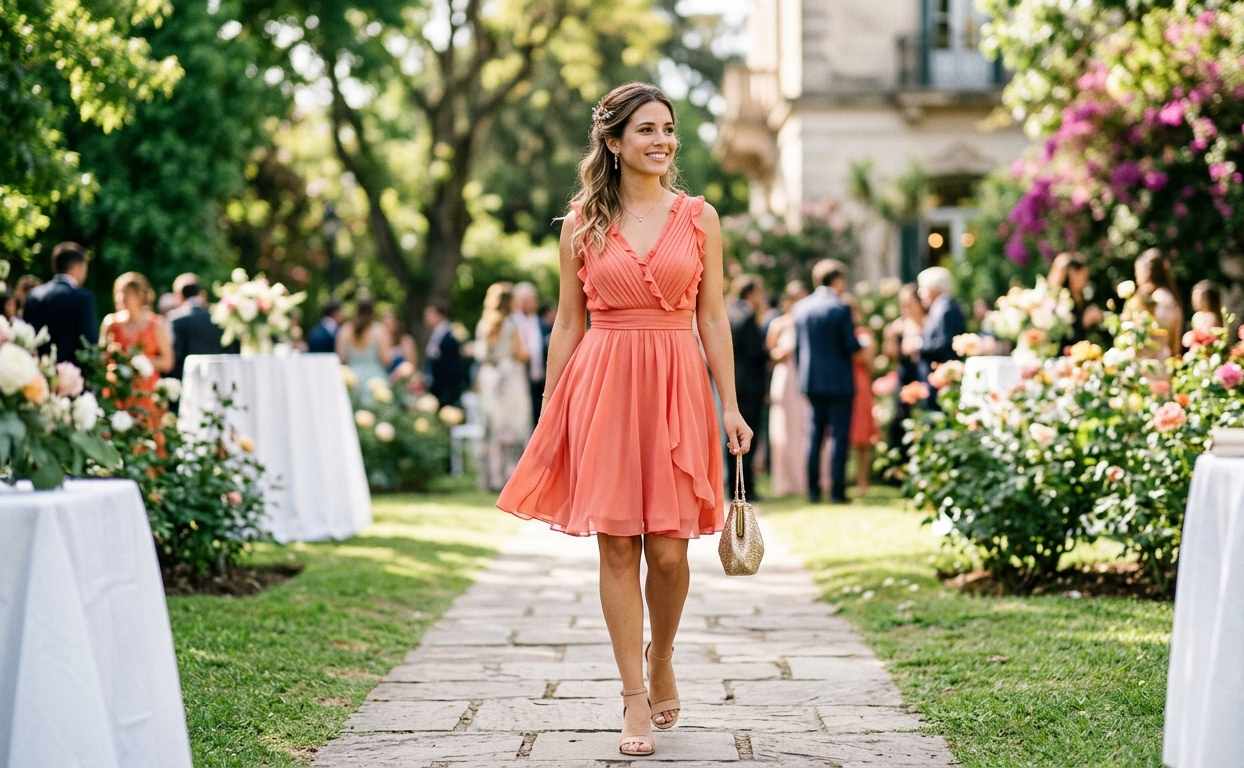 Invitada a casamiento de día con vestido corto elegante en color pastel, sandalias y clutch, estilo fresco y sofisticado