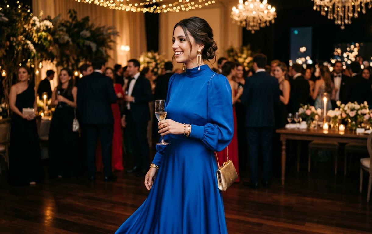 Invitada a casamiento nocturno con vestido largo elegante en color azul o verde intenso, accesorios dorados, salón iluminado de fondo