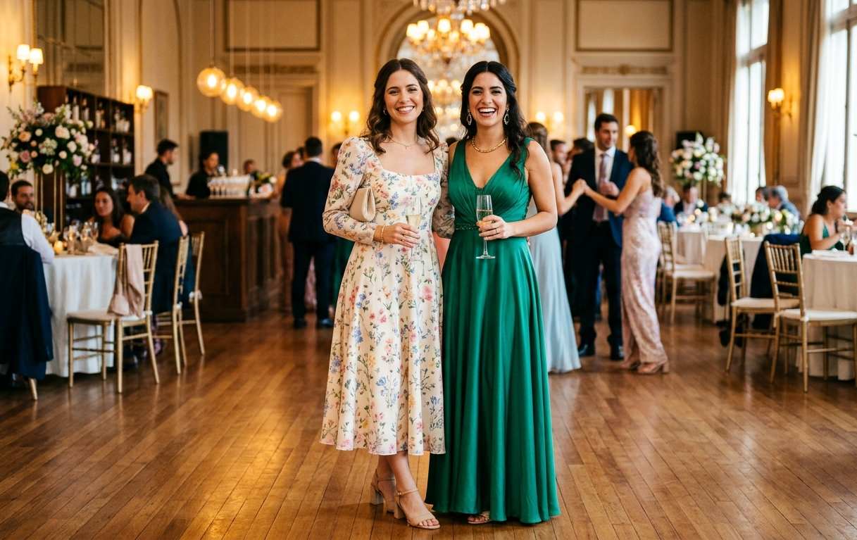 Dos invitadas a casamiento, una con vestido corto en color coral y otra con vestido largo en azul, contrastando estilos día y noche