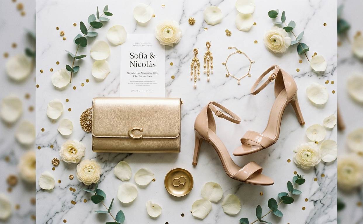 Detalle de accesorios de invitada a casamiento: clutch elegante, aros dorados y calzado fino sobre mesa con flores