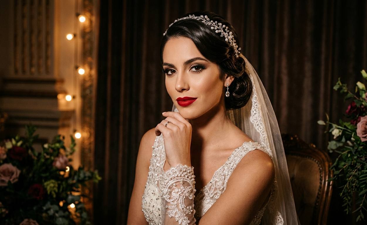 Maquillaje de novia de noche tendencia 2026 ojo ahumado elegante labio rojo clásico look glamoroso casamiento Argentina