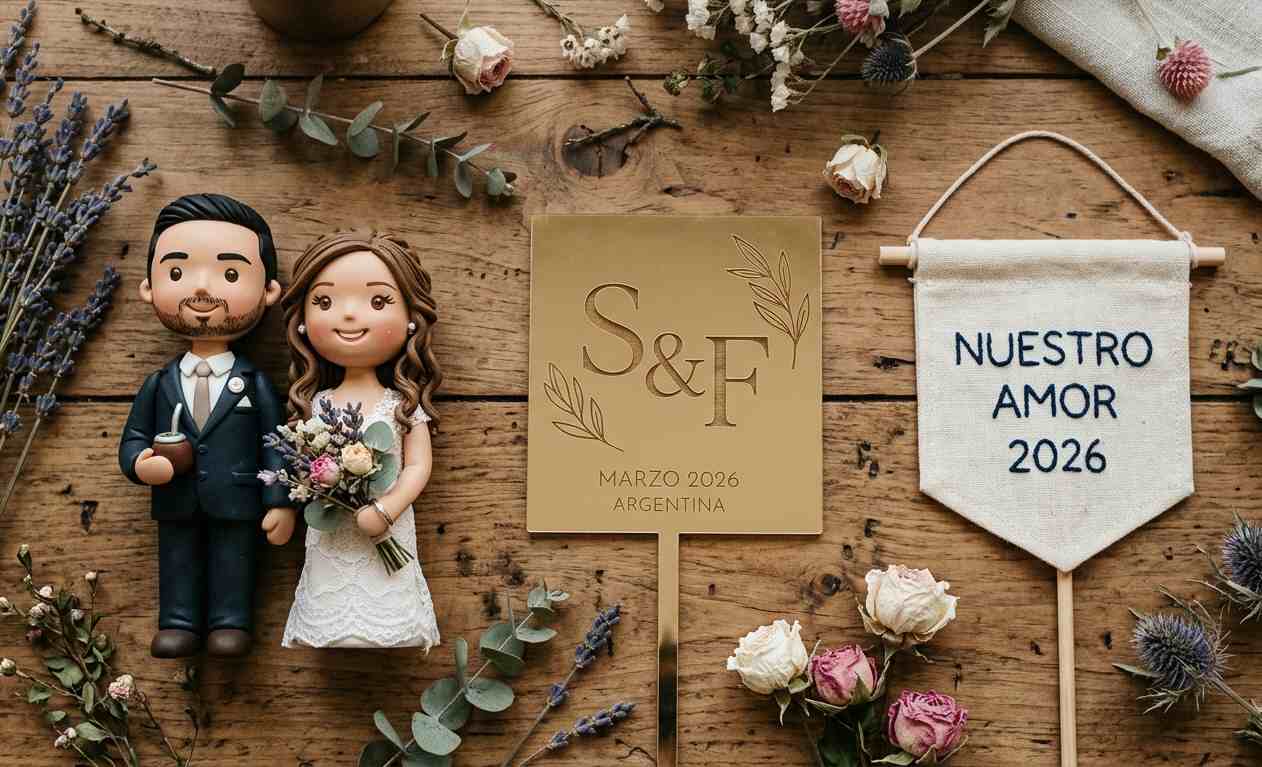 Toppers de torta para casamiento argentino 2026: muñecos de arcilla personalizados con rasgos de los novios, topper de acrílico dorado con monograma y banderines de tela