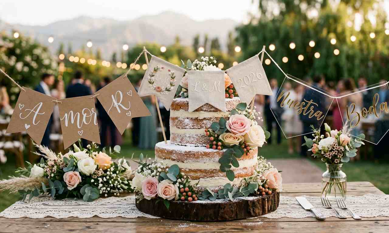 Banderines para torta de casamiento argentino 2026: banderín de lino bordado con iniciales y fecha, banderines de papel kraft con diseño tipográfico y acrílico dorado