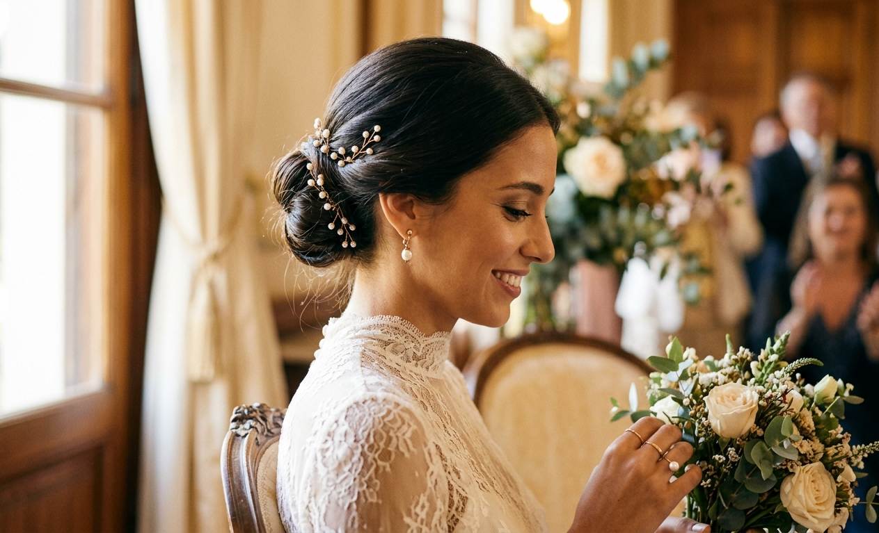 Peinado moño bajo clásico y elegante para casamiento, estilo sofisticado con accesorios dorados