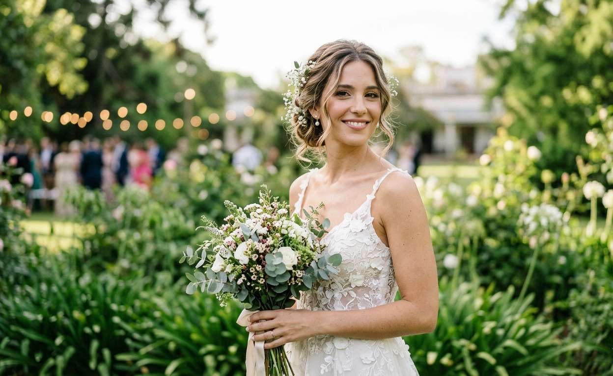 Peinado recogido con textura y mechones sueltos para casamiento al aire libre, estilo romántico