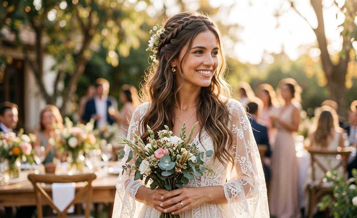 Peinado semirrecogido con trenza y pelo suelto con ondas para casamiento, estilo romántico y natural