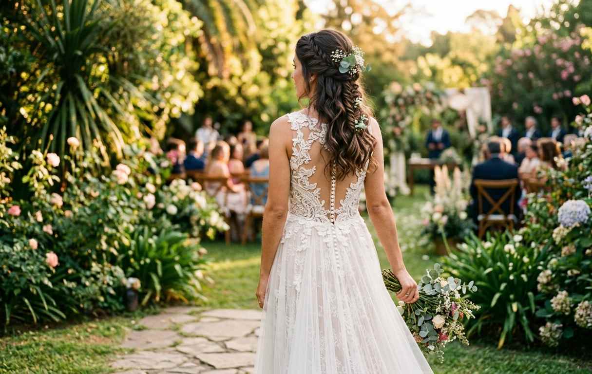 Novia con semirrecogido y trenza lateral, vestido con espalda de encaje calado y bordados en relieve, estilo romántico y bohemio