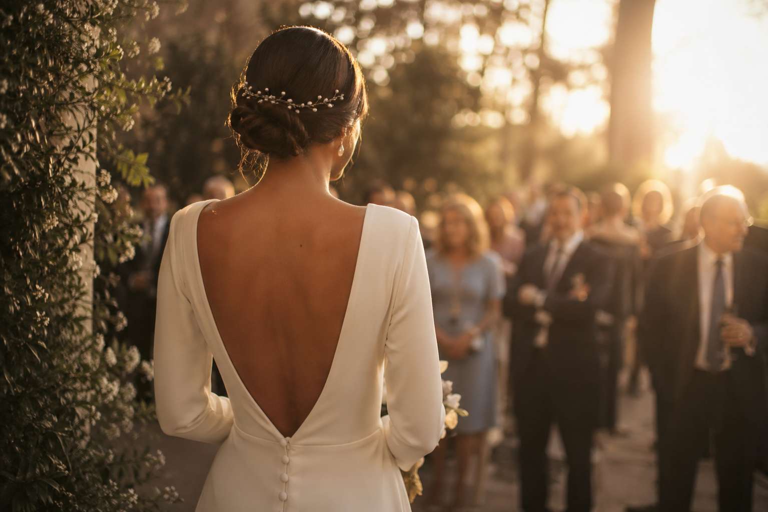 Novia de espaldas con recogido bajo y accesorio de perlas, vestido con espalda abierta en V y detalles de encaje, fotografía de golden hour en jardín