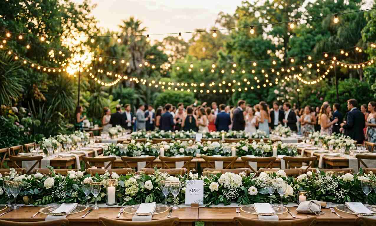Quinta para casamiento en Buenos Aires con jardín verde, mesas al aire libre decoradas con flores y luces, luz de atardecer