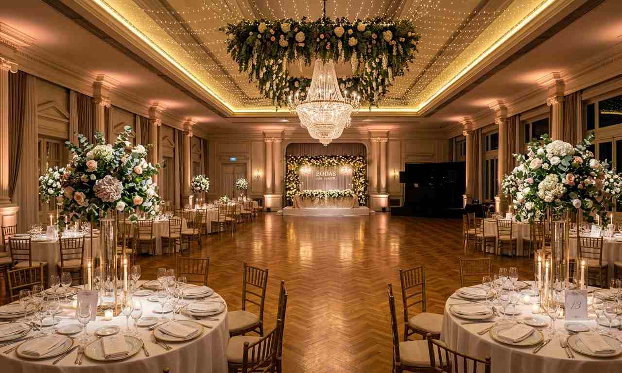 Salón de fiestas para casamiento en Buenos Aires elegantemente decorado con iluminación cálida, mesas servidas y pista de baile central