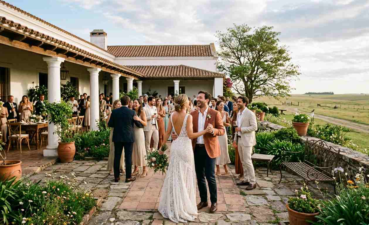 Estancia para casamiento en Argentina con casona histórica colonial, galería con columnas, jardines formales y cielo abierto