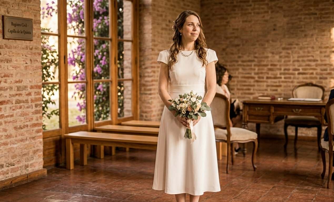 Novia con vestido midi elegante para casamiento civil, estilo simple y sofisticado