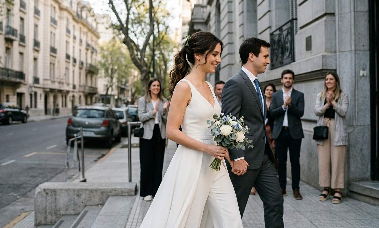 Novia con mono blanco elegante para casamiento civil, estilo moderno y sofisticado