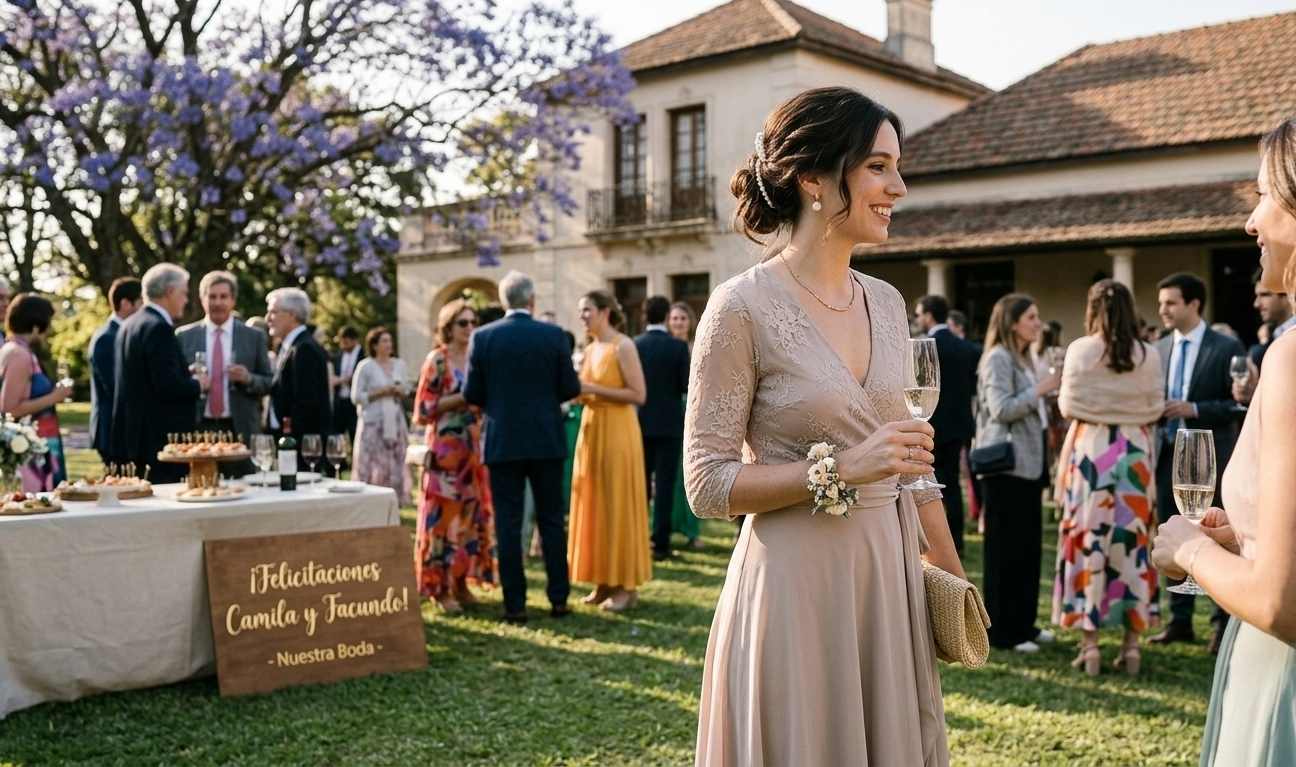 Invitada a casamiento civil con vestido midi elegante en tono pastel, estilo sofisticado y femenino