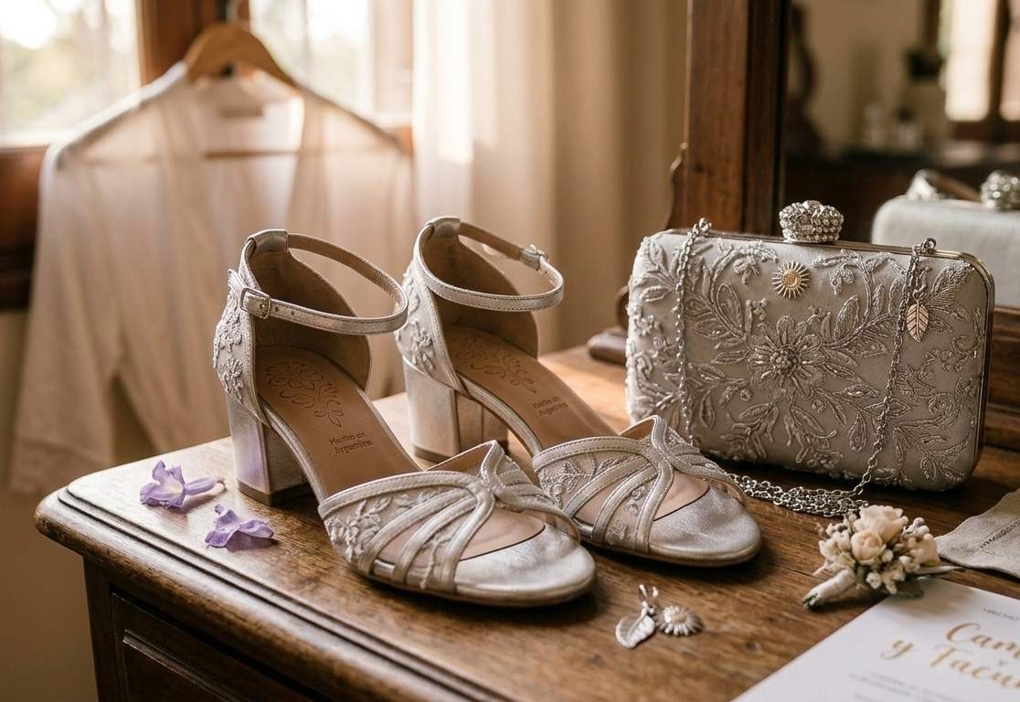 Detalle de calzado y accesorios elegantes para casamiento civil, sandalia de taco bajo y clutch