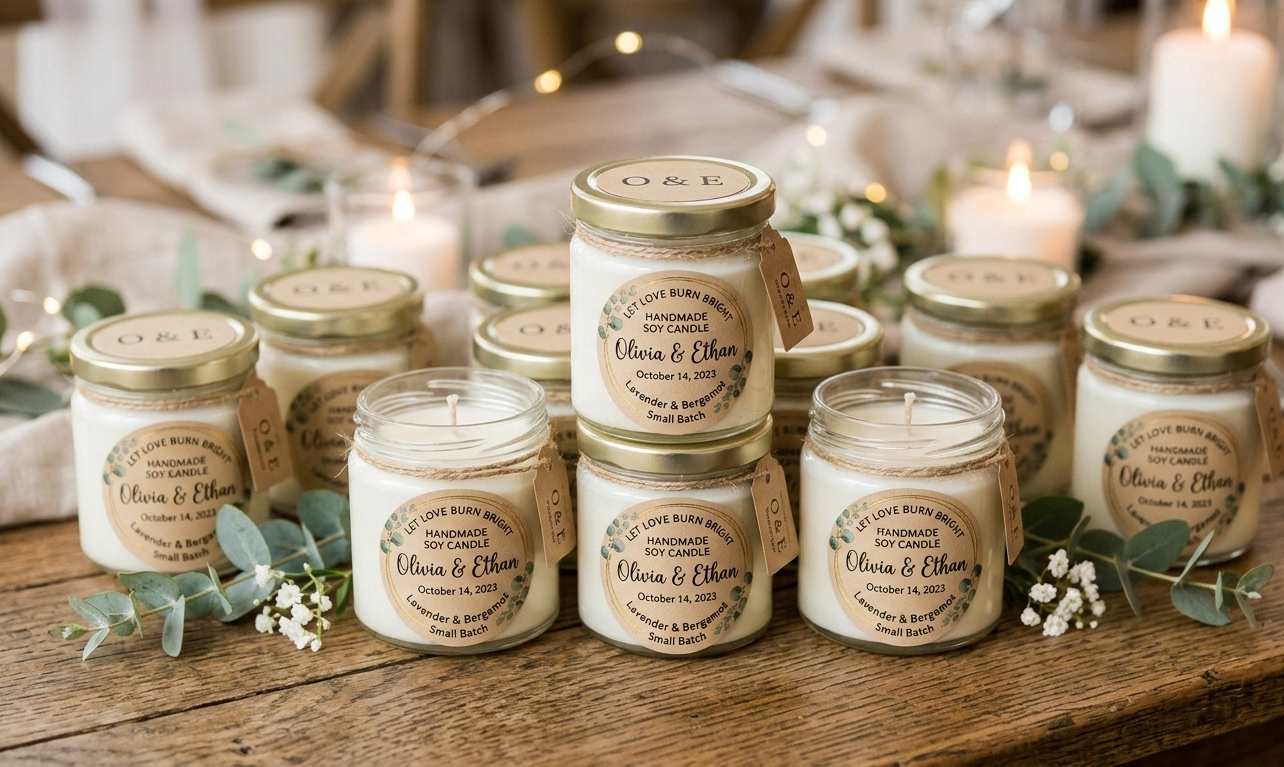 Velas artesanales en frascos pequeños como souvenir de casamiento DIY con etiqueta personalizada