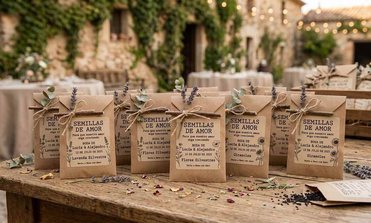 Sobres de papel kraft con semillas como souvenir de casamiento DIY, con etiqueta personalizada y diseño rústico