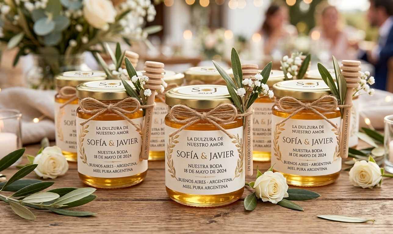 Frascos pequeños de miel con etiqueta personalizada como souvenir de casamiento, elegante y útil
