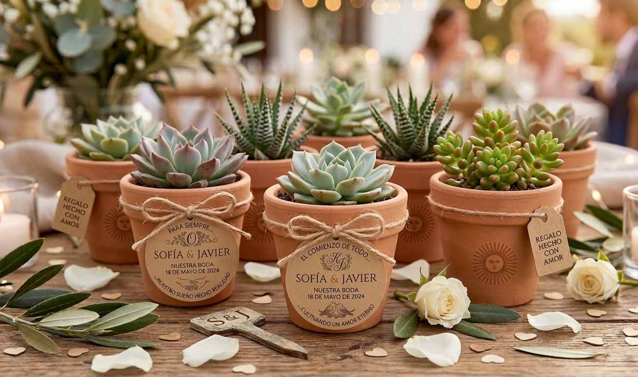 Suculentas pequeñas en macetitas personalizadas como souvenir de casamiento DIY