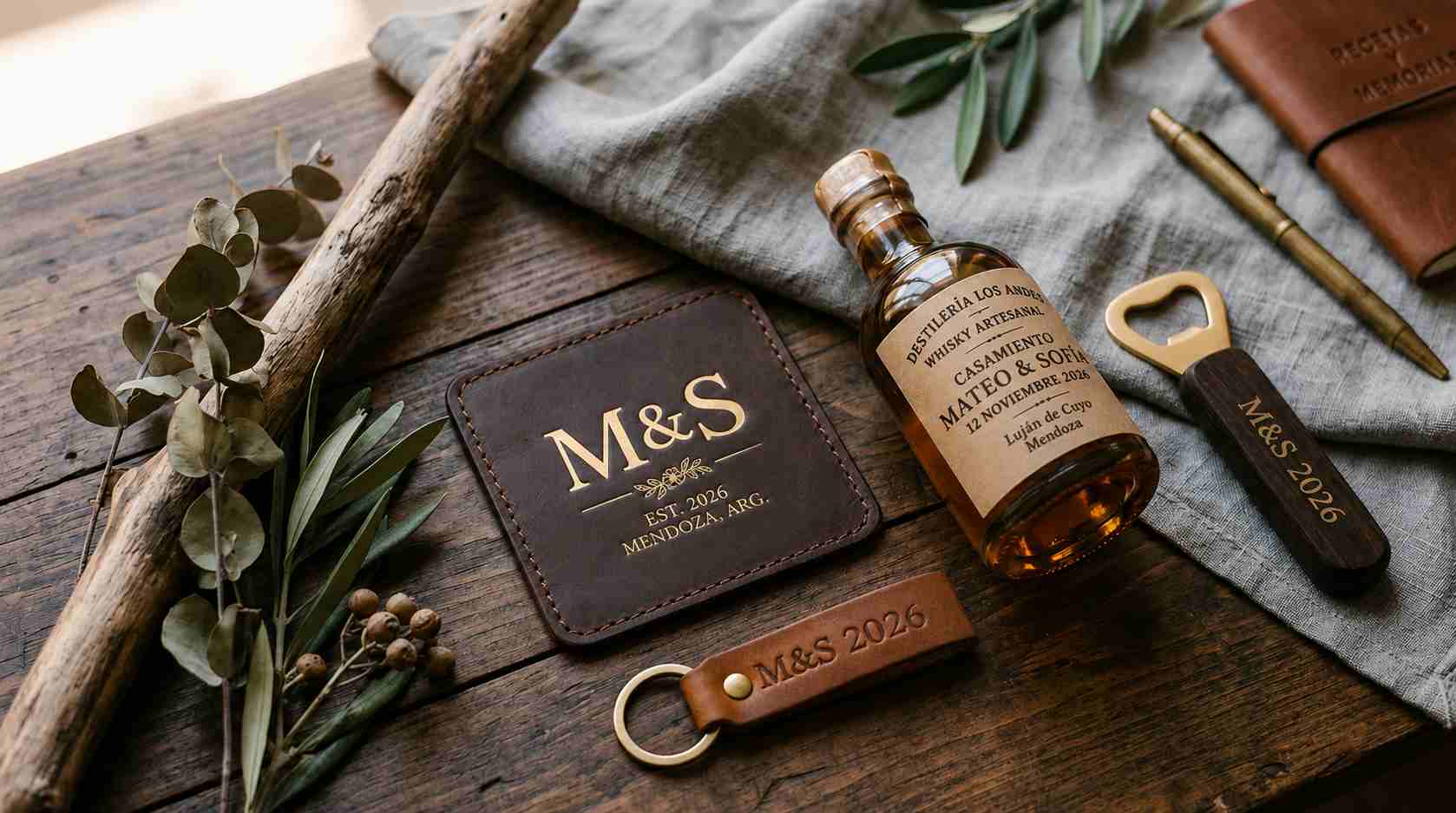 Souvenirs para hombres en casamiento argentino 2026: porta vasos de cuero grabado con monograma, botellines de destilado artesanal con etiqueta personalizada