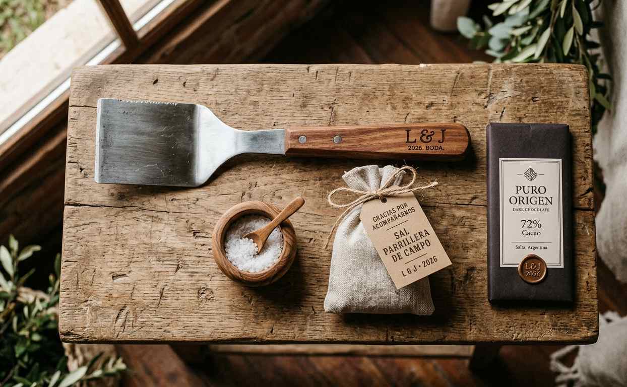 Souvenirs originales para hombres en casamiento argentino: kit de asado personalizado, llavero de cuero grabado y chocolate artesanal con packaging masculino kraft