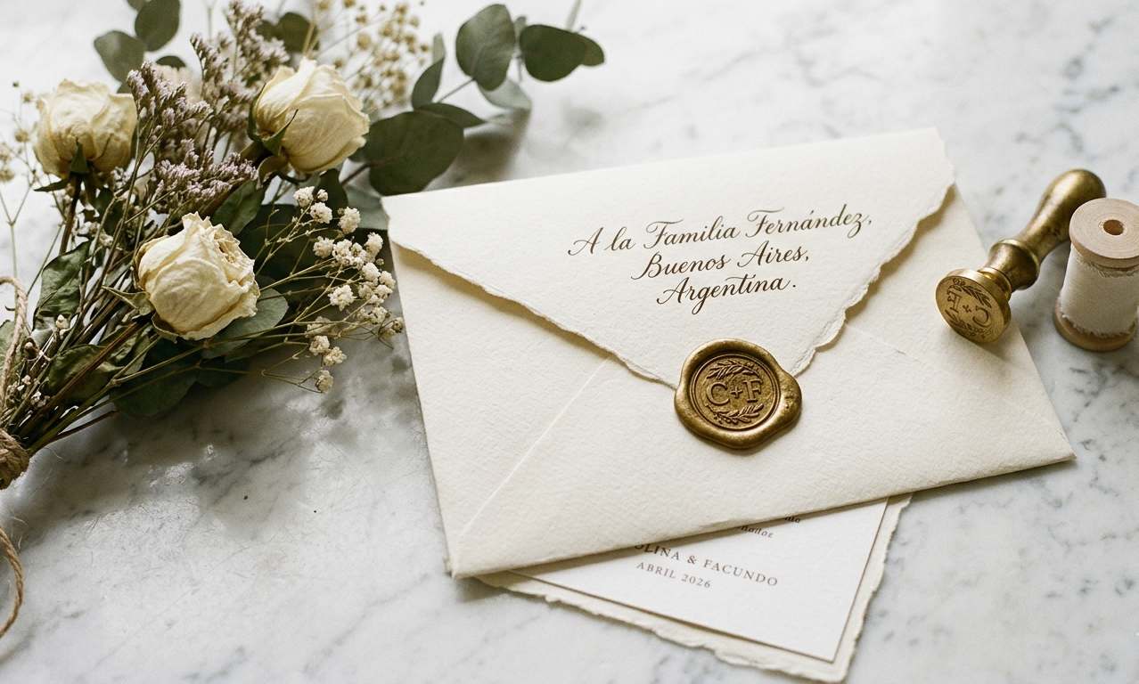 Sello de lacre rojo y dorado en sobre de invitación de casamiento 2026, detalle artesanal y romántico