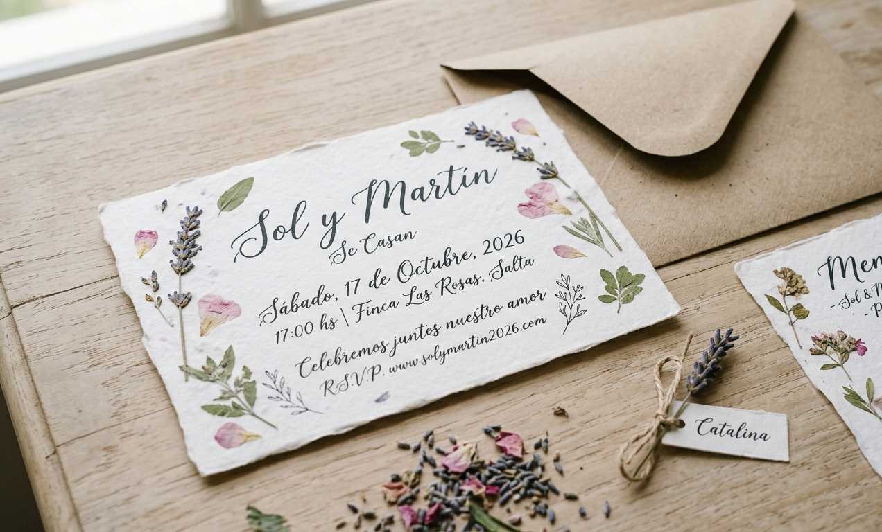 Tarjetas de casamiento con flores prensadas y elementos botánicos integrados en el papel, estilo artesanal y romántico 2026